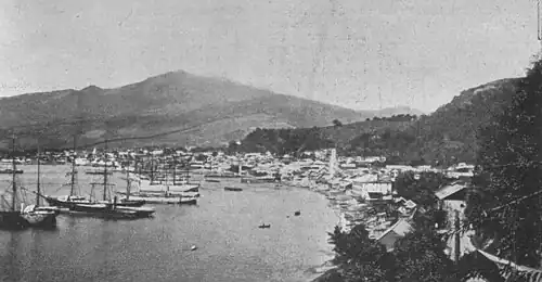 Vue de la baie de Saint-Pierre avec de nombreux navires et la montagne Pelée en fond