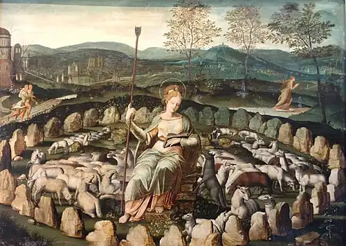 Sainte Geneviève au Lendit, peinture anonyme du XVIe siècle. En bergère, assise au centre d'un cromlech, avec sa brebis noire divinatoire à sa gauche.