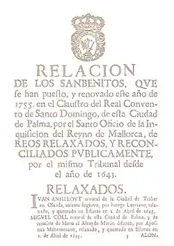 Page du Rapport de Sanbenitos…de Palma…, 1755