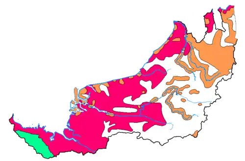 Distribution géographies des familles de langues utilisées au Sarawak : Langues malaïquesLangues bornéo du NordLangues dayak des terresZones avec plusieurs familles de langues
