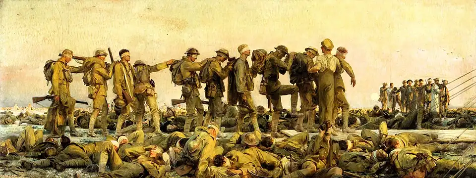 L'ypérite attaque prioritairement les muqueuses humides (poumons, lèvres), la peau moite et les yeux, rendant les victimes aveugles, ce qui complique encore leur prise en charge et les soins (Gassed, par John Singer Sargent, 1918, huile sur toile, 231&nbsp;×&nbsp;611&nbsp;cm).
