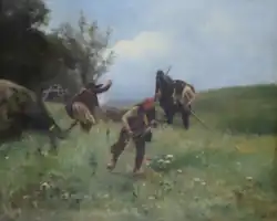 Peinture représentant cinq chouans sur une lande, à l'orée d'un bois, en train de faire feu sur des ennemis masqués par une colline.