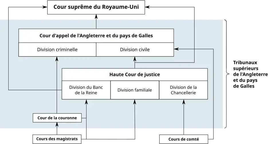 Schéma représentant différents cours du système judiciaire en Angleterre-et-Galles. La Cour suprême se trouve au sommet de la hiérarchie.