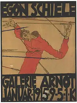 Affiche représentant un homme maigre percé de flèches avec des caractères noirs au-dessus et en-dessous