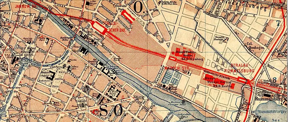 Plan du quartier en 1893 après la construction du Stadtbahn et la fermeture de la gare de l'Est.