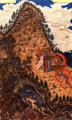 Illustration de type oriental d'un oiseau multicolore portant un jeune enfant dans ses serres vers le sommet d'une montagne.