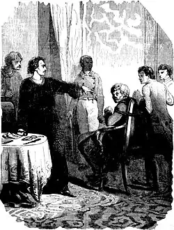 Le maitre d’école aveuglé pour ses nombreux crimes, par Staal gravé par Lavieille dans les Œuvres illustrées d'Eugène Sue, 1850.