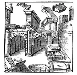 Scripta manent (« les écrits restent », comme le montrent les livres devant ces ruines romaines), un emblème de Geoffrey Whitney (en) (1586).