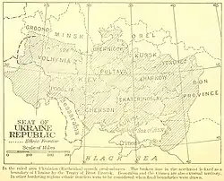 Carte de l'Ukraine en 1918, indiquant les zones ou le « ruthène » est prédominant.