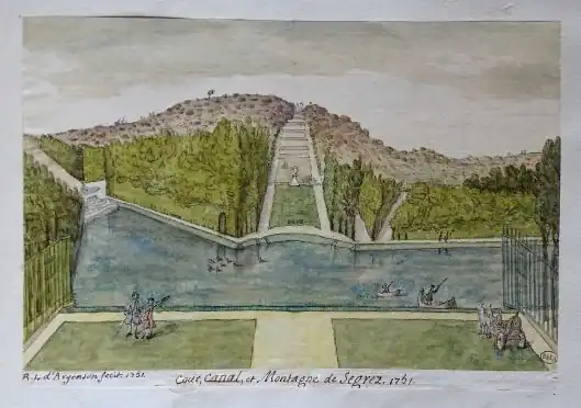 Aquarelle réalisée par le marquis d'Argenson en 1751 et conservée à la bibliothèque de l'Arsenal. La montagne de Segrez vue depuis la cour d'honneur du château.