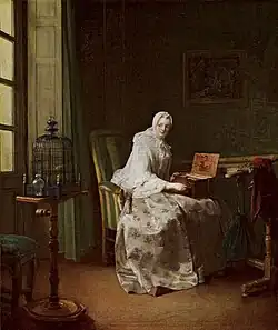 Tableau, femme avec boîte à musique et canari.