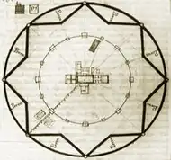 Image d'un plan en noir et blanc dessiné à l'intérieur d'un carré avec une sorte d'étoile à huit pointes inscrites dans un cercle. Un trait droit mène au centre du plan où se trouvent diverses formes géométriques. Un deuxième cercle composé de petites formes géométriques se situe à équidistance entre la forme stellaire et le centre du plan.