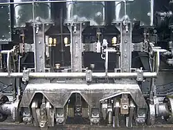 Ensemble moteur à trois cylindres de la Shay Lima (numéro de série 3320 de 1928). Cette locomotive est toujours en service au Cass Scenic Railroad State Park sous l'immatriculation « Cass Scenic No. 2 ».