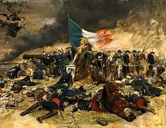 Figure allégorique de la ville de Paris se tenant devant le drapeau tricolore, des soldats gisant au premier plan tandis que d'autres poursuivent le combat à l'arrière-plan.