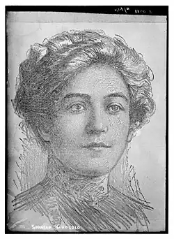 Portrait dessiné en noir et blanc d'une jeune femme blanche, de face, cheveux relevés