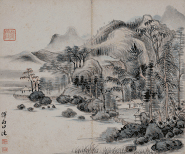 Paysage, encre sur papier, 22,9&nbsp;×&nbsp;27,2&nbsp;cm, Musée national de Corée.