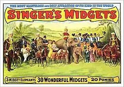  Affiche peinte représentant une troupe de cirque, avec des éléphants, petits chevaux, et une vingtaine de personnes de petite taille.