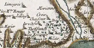 Le site de La Plaine, commune de Fondettes (ici en haut, à droite de l'ancienne commune de Vallières, sur un extrait provenant de la carte de Cassini, document réalisé dans la seconde moitié du XVIIIe siècle par César-François Cassini (1714-1784)