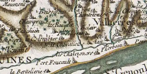 Le site et la chapelle de la « Chevallette » (ici en bas, à gauche de l'ancienne commune de Vallières) sur un extrait provenant de la carte de Cassini, document réalisé dans la seconde moitié du XVIIIe siècle par César-François Cassini (1714-1784)