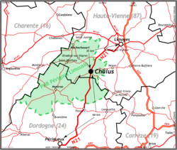 Carte du parc naturel régional Périgord Limousin avec indication de la localisation géographique de Châlus