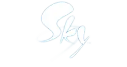 Logotype du jeu vidéo « Sky : Children of the Light » (« Sky : Les Enfants de la Lumière »). Il est écrit « Sky » avec une police stylisée, aux contours bleu clair et remplie en blanc.