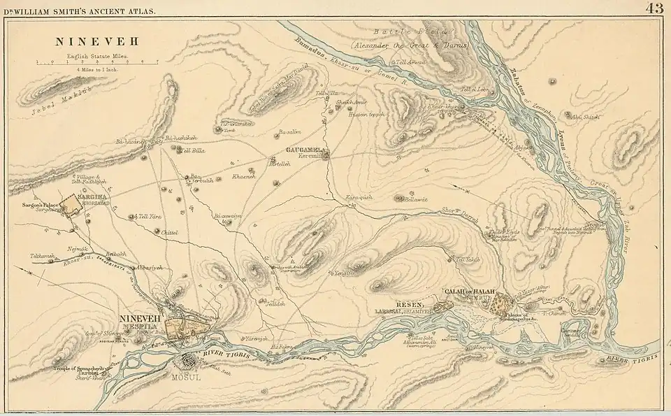 Carte de la région de Ninive vers le milieu du XIXe&nbsp;siècle, avec divers sites assyriens : Ninive, Nimroud, Khorsabad, Balawat, Sharif Khan, Tell Billa. W. Smith, Atlas of ancient geography, biblical and classical, 1874.