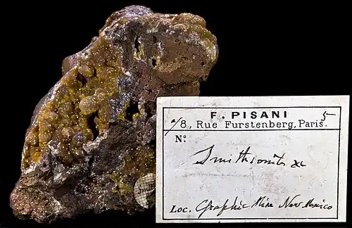 Smithsonite – Autographe de Felix Pisani, Graphic Mine, Nouveau-Mexique, USA