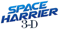 Space Harrier est inscrit sur deux lignes en lettres bleues légèrement inclinées. En dessous, figure la mention 3-D en noir.