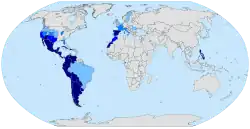 Aire de diffusion de l'espagnol dans le monde.