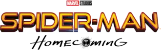 Sur une première ligne, le logo de Marvel Studios en petit, sur une 2e, "SPIDER-MAN" en jaune, sur une 3e, "HOMECOMING" en blanc, avec la tête de spider-man stylisée à la place du O. Le tout en capitales.