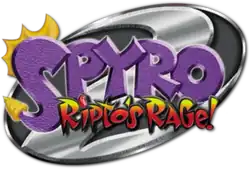 Logo américain du jeu. Sur un ovale oblique gris est écrit Spyro en violet, avec un S portant des écailles et une queue de dragon. Au-dessous, est inscrit en rouge Ripto's Rage!.