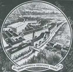 Gravure représentant un grand complexe industriel avec de nombreux bâtiments dans un milieu rural