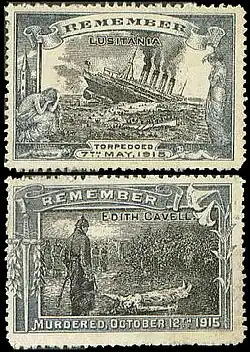 Deux vignettes de propagande patriotique (début 1916) commémorant le torpillage du RMS Lusitania (où périt Marie Depage) et l'exécution d'Edith Cavell.