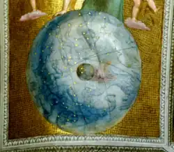 peinture d'une sphère bleue avec des étoiles et des constellations.