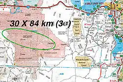 Ellipse prévue d'atterrissage de la capsule, en rose le terrain militaire de l'Utah.