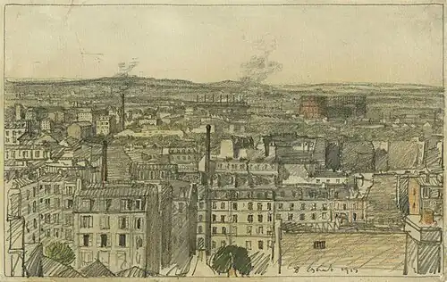 Etude d'une ville Dessin au crayon sur papier crème (1915).