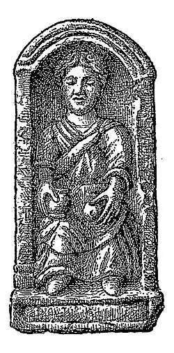 Dessin de la stèle représentant une femme vêtue debout dans une niche, le cartouche étant anépigraphique.