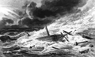 gravure représentant les restes d'un navire à voile chaviré dans un océan déchaîné.
