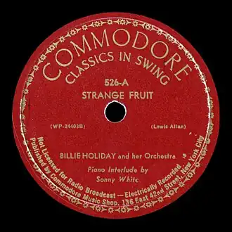 Description de l'image Strange-Fruit-Commodore-1939.jpg.