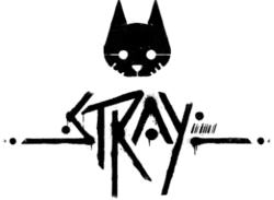 Le mot « Stray » écrit en noir avec une unique des lignes droites, surmonté d'une tête de chat noire.