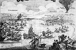 Xylographie du XIXe&nbsp;siècle représentant le détroit de Messine.