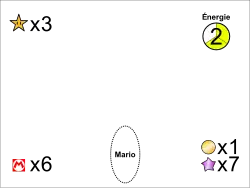 Interface du jeu avec différents symboles indiquant le nombre d'étoiles et de pièces obtenues, de vies restantes, etc.