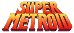 Super Metroid est inscrit sur deux lignes dans un léger dégradé de jaune au rouge du haut vers le bas, avec une légère perspective vers le haut.