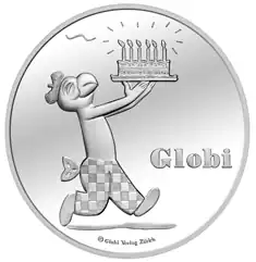Pièce de monnaie commémorative; un oiseau humanoïde porte un gâteau d’anniversaire; sur la droite est gravé «&nbsp;Globi&nbsp;».