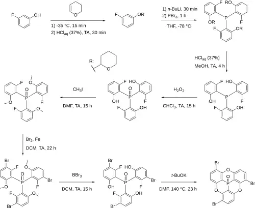 Synthèse d'un dérivé chiral du phosphangulène en 8 étapes par Yamamura et al.