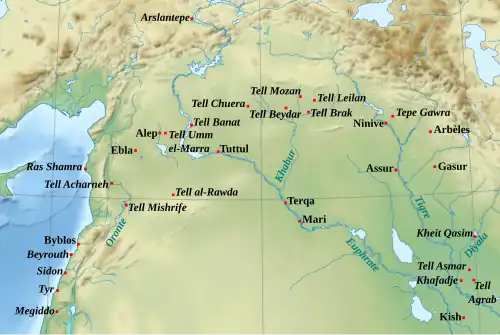 Les sites principaux de la Syrie et de la Haute Mésopotamie de la seconde moitié du IIIe&nbsp;millénaire&nbsp;av. J.-C.