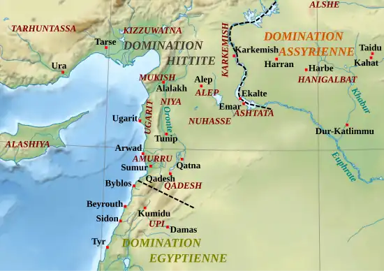 Les principales cités de Syrie à l'époque de l'hégémonie hittite (XIIIe&nbsp;siècle&nbsp;av. J.-C.).
