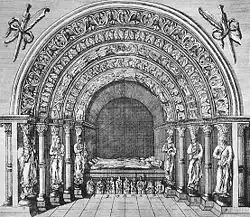 Gravure ancienne montrant un tombeau surmonté d'une succession de voûtes romanes sculptées.