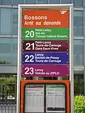L'arrêt Bossons sur la route du Pont-Butin, desservi en 2008 par les lignes 20 à 23. Arrêt équipé de l'ancienne charte graphique aujourd'hui disparue.