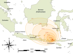 Carte de l'Indonésie montrant des cercles concentriques pour les différentes épaisseurs, de 1 cm à 1 m.